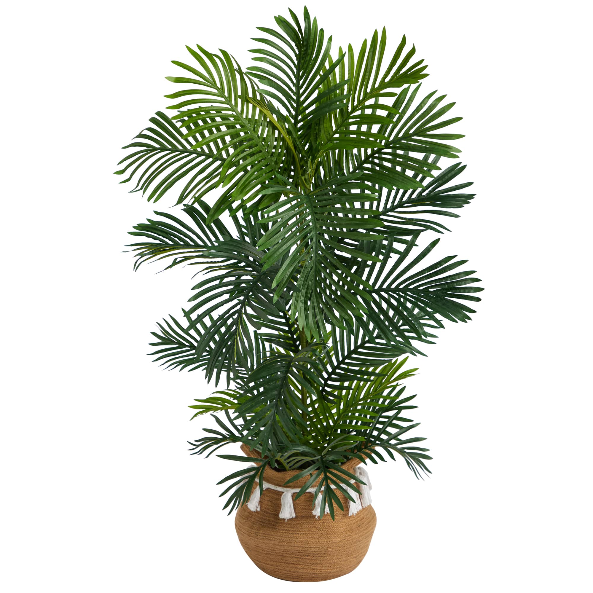 4ft. Areca Artificial Palm Tree in Boho Chic Handmade Natural Cotton Woven Planter with Tassels UV Resistant (Indoor/Outdoor)